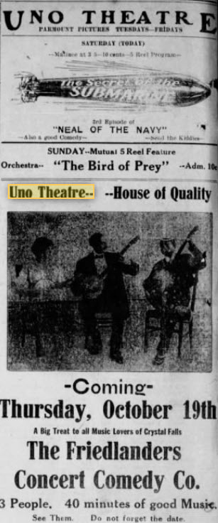 Uno Theatre - Oct 7 1916 Ad